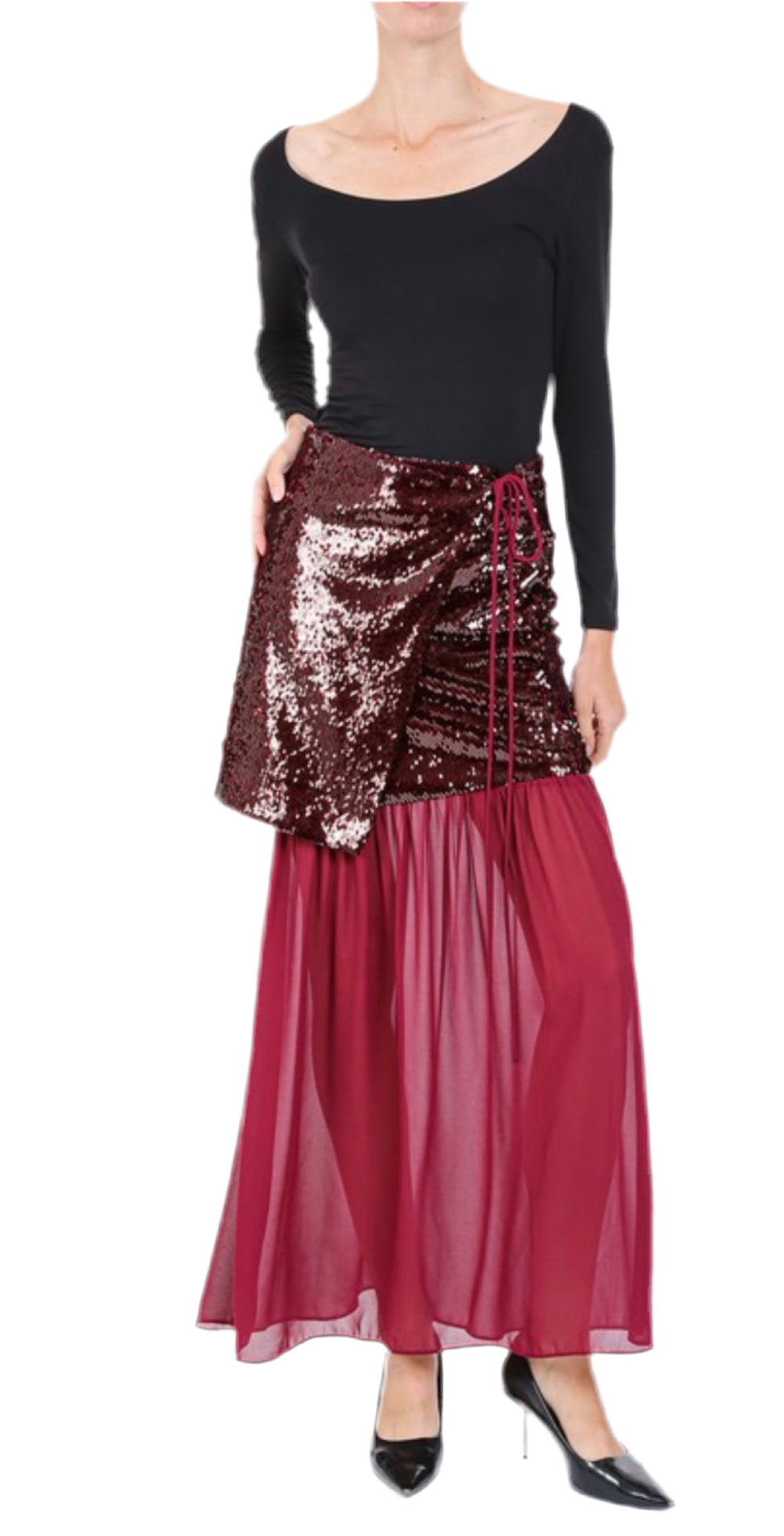 Falda Midi Vino Lentejuela