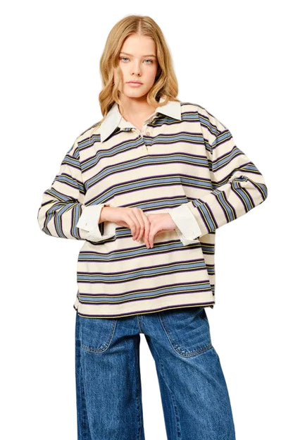 Polo Rayas Crema con Gris