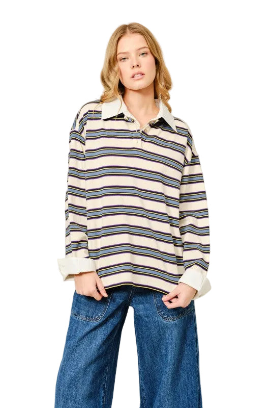 Polo Rayas Crema con Gris