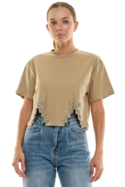Playera Beige Cropped con Aplicaciones