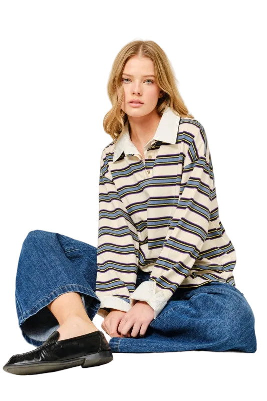 Polo Rayas Crema con Gris